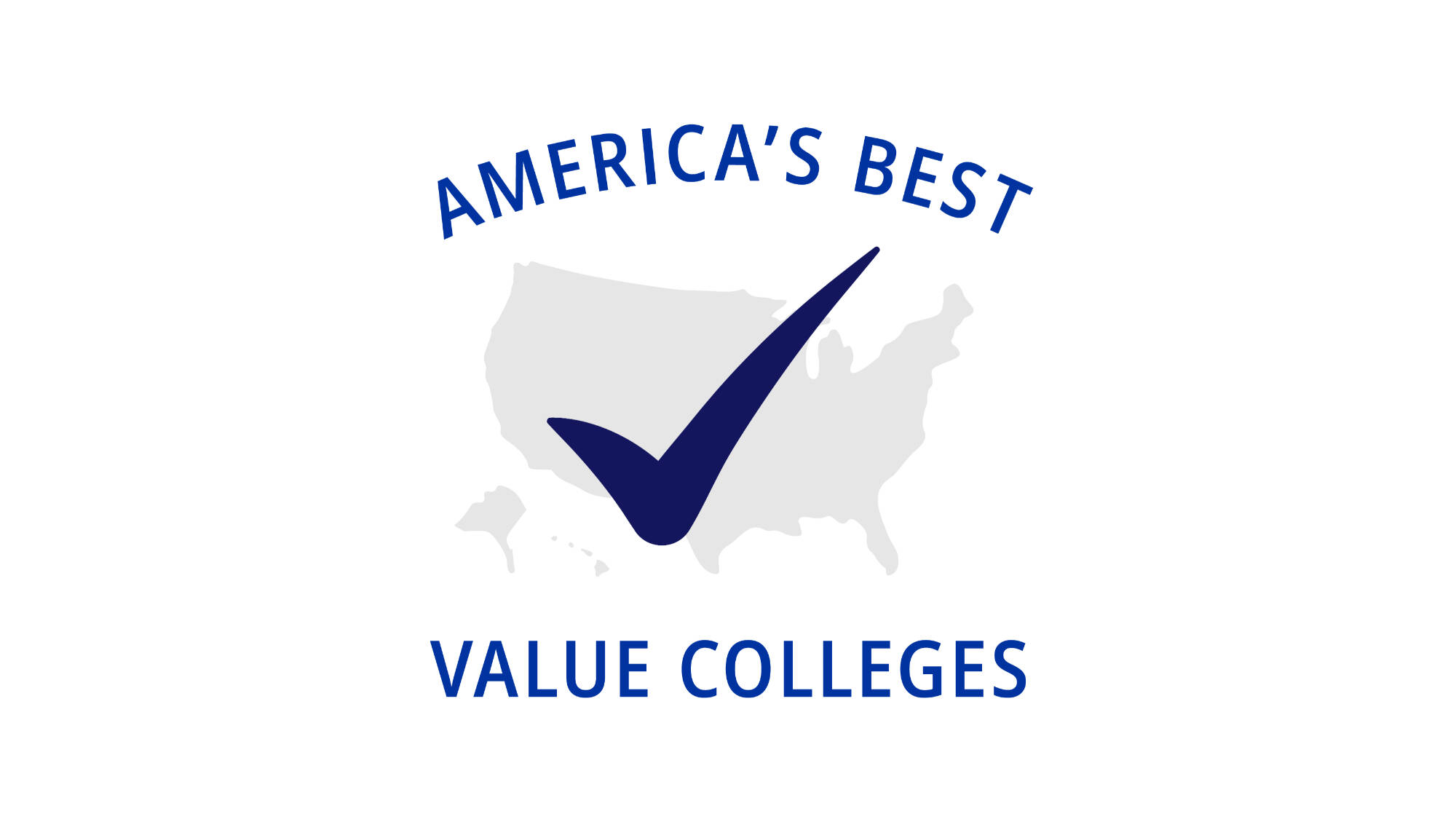 A map of the United States with a checkmark across it and the words, "America's Best Value Colleges" around it.